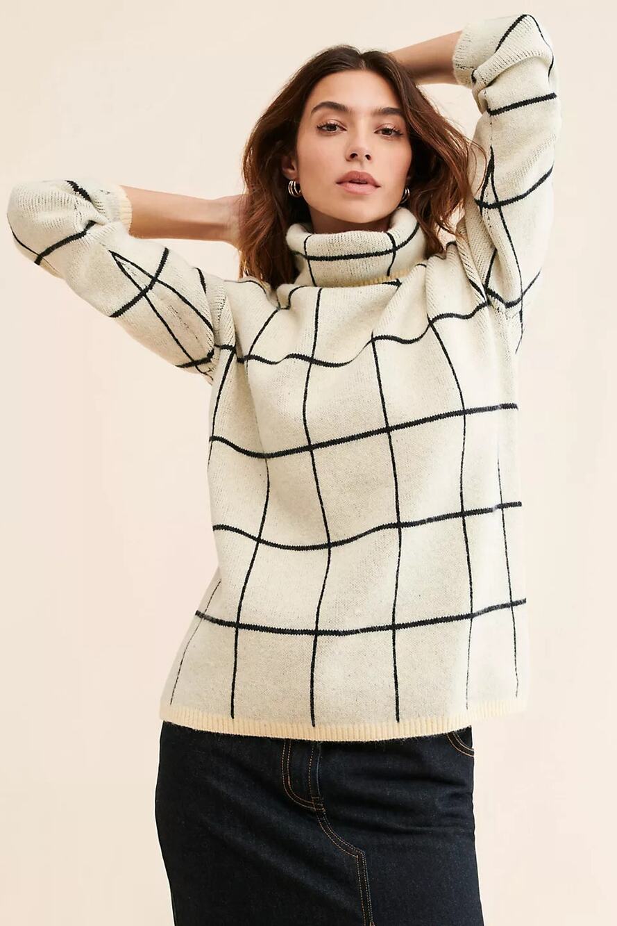 Anthropologie Callahan Celina Knit Turtleneck ivory Grid turtleneck sweater Med